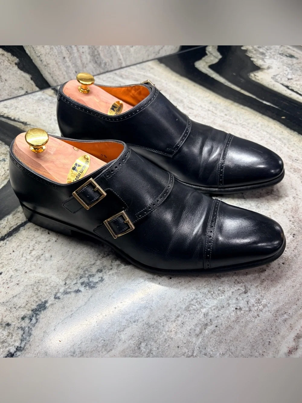 Santoni Black Double Monk Strap Leather Dress Shoes